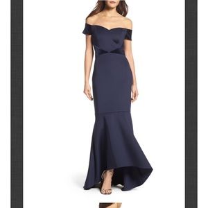 NWT Eliza J Navy Off-Shoulder High Low Ball Gown